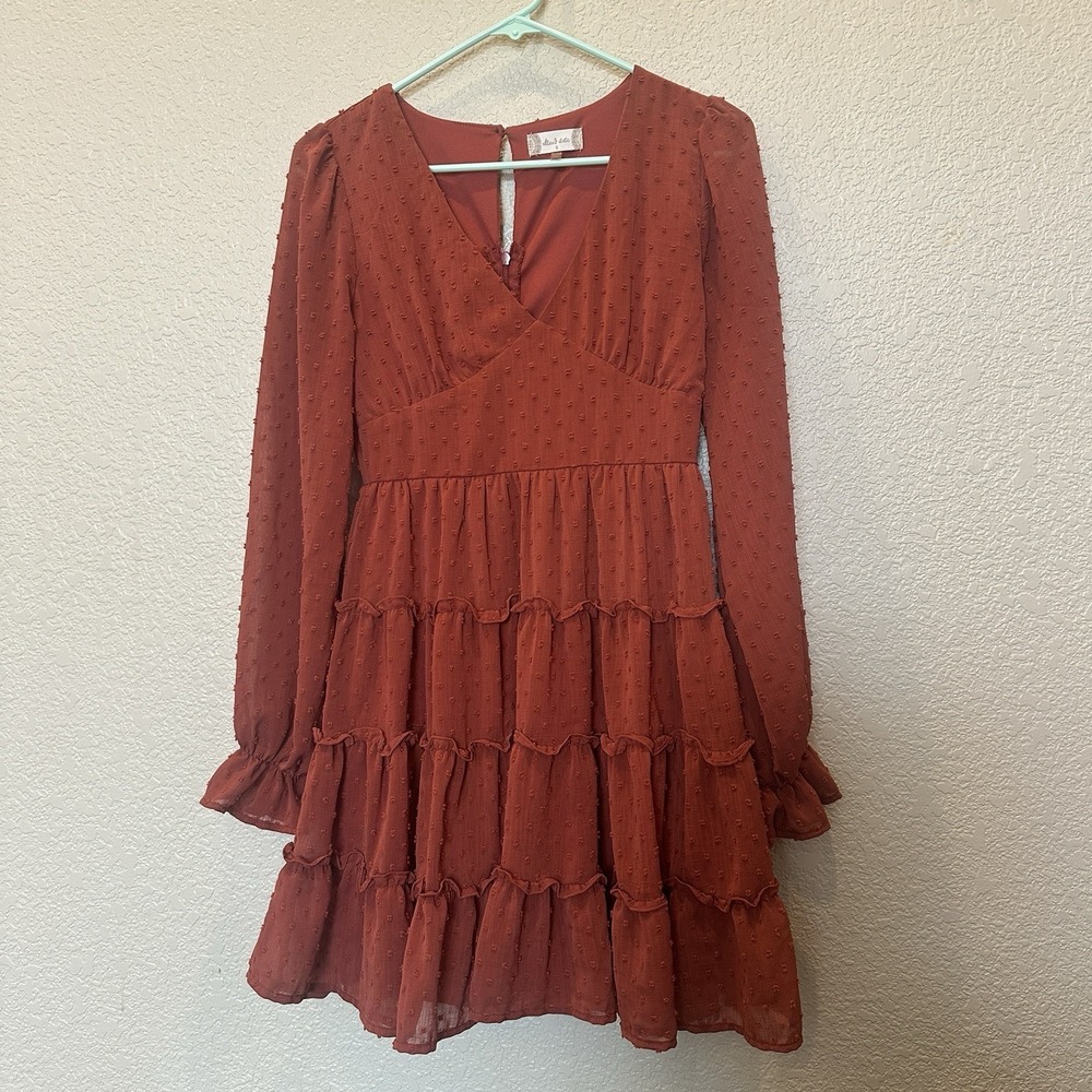 Altar'd State Swiss Dot Ruffle Tiered Mini Dress Orange Small Country Boho